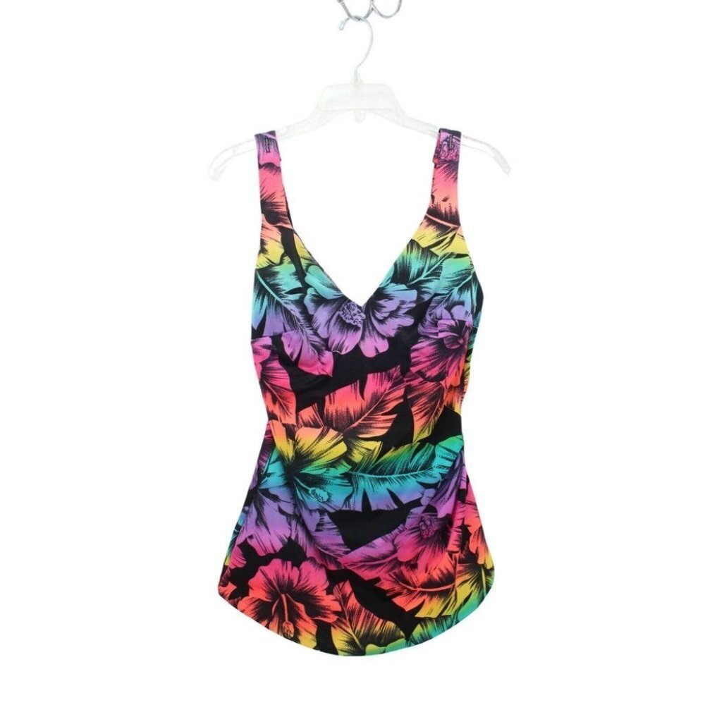 Vintage 90s Roxanne Neon Floral Scoop Back Bra Sized One Piece Swimsuit Size 38C